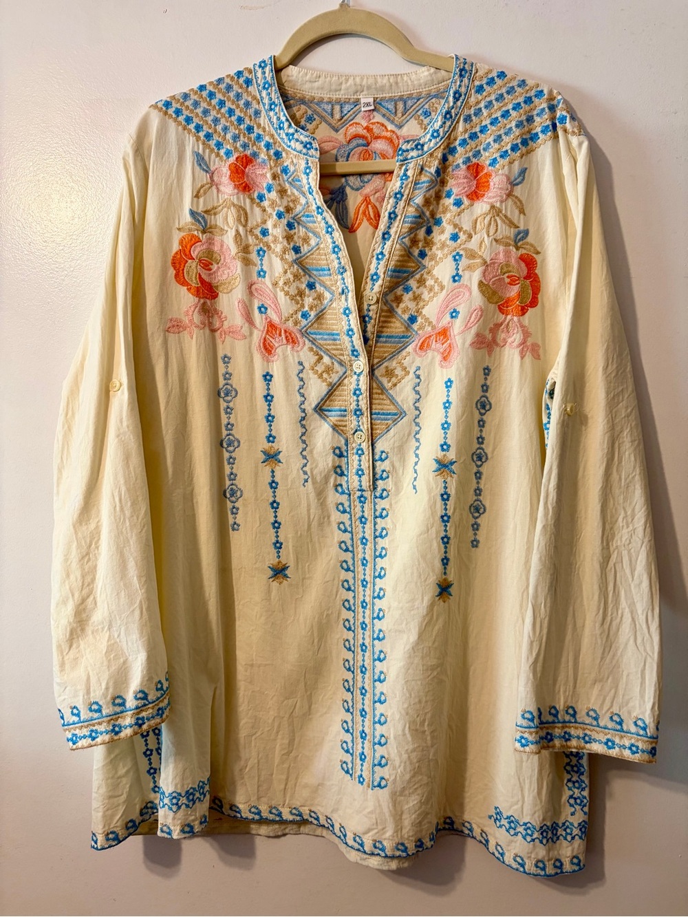 4/$25 Embroidered Boho Tunic Top - Cream with Blue & Coral Floral Details